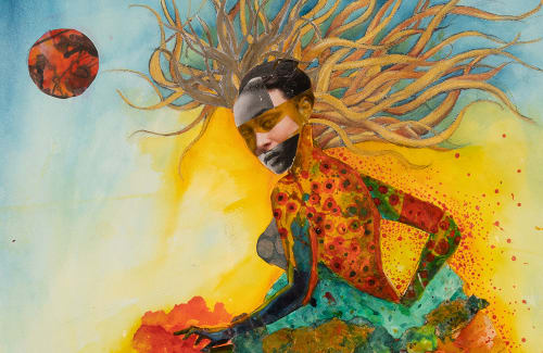 Colorful painting of a woman with flowing hair turning back to look at the viewer 