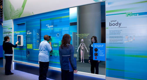 Two guests viewing themselves in an exhibit mirror